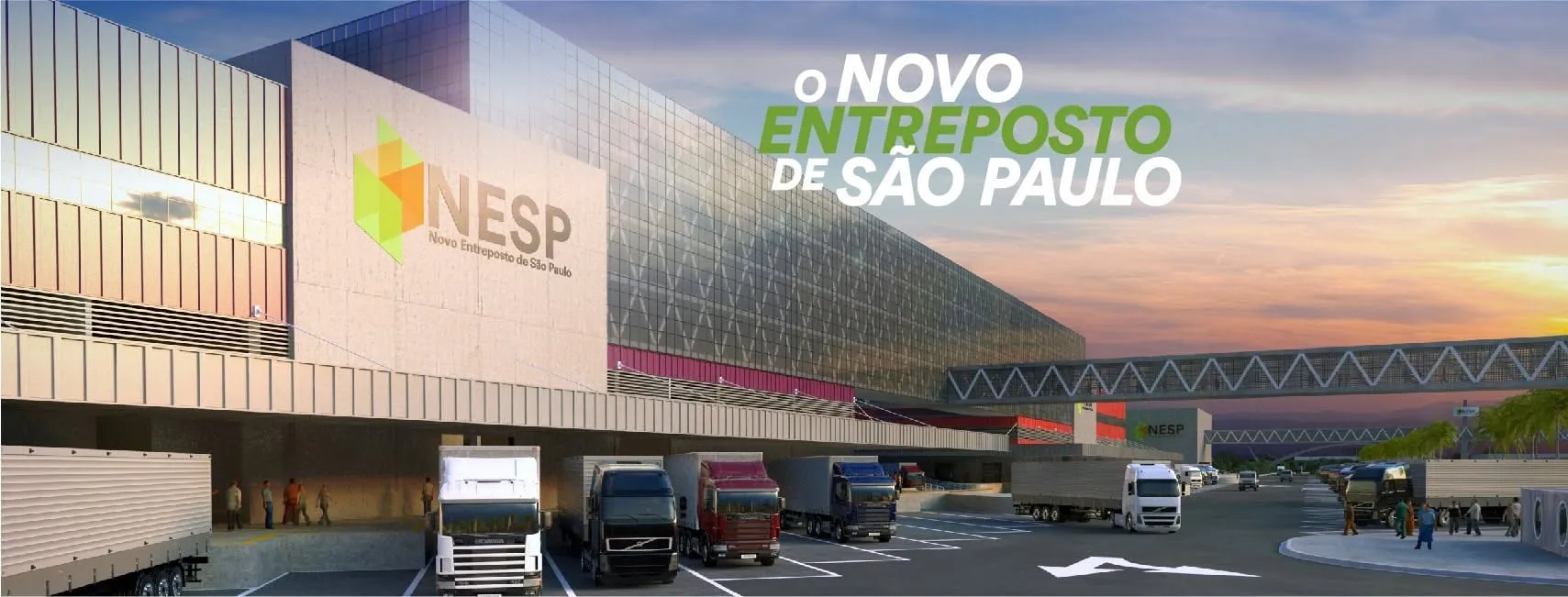 Perspectiva do Novo Entreposto de São Paulo, com docas de carga e caminhões
