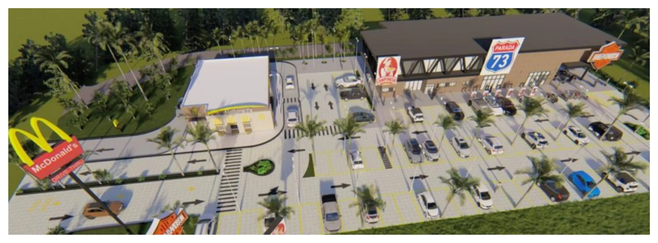 Vista aérea do projeto do complexo Parada 73, com estacionamento, praça de alimentação e lojas